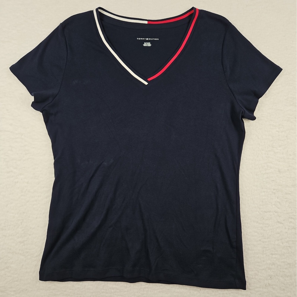Women's Tommy Hilfiger V-neck Navy Blue Short Sleeve Preppy T-Shirt Size XL